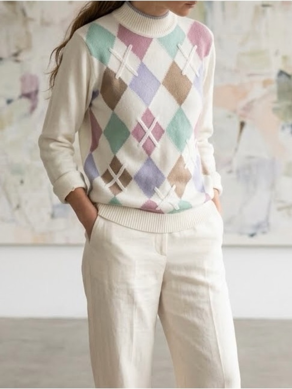 Vintage Alia Petite Sweater Argyle Mock Neck  Pastel Geometric Knit Size XS